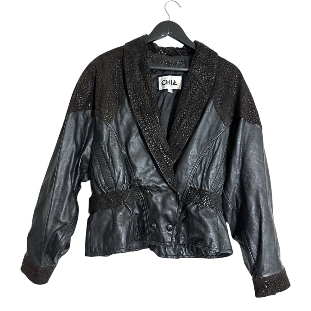 CHIA Black Leather Textured Jacket Blazer Beaded Trim Blazer Style Size Large